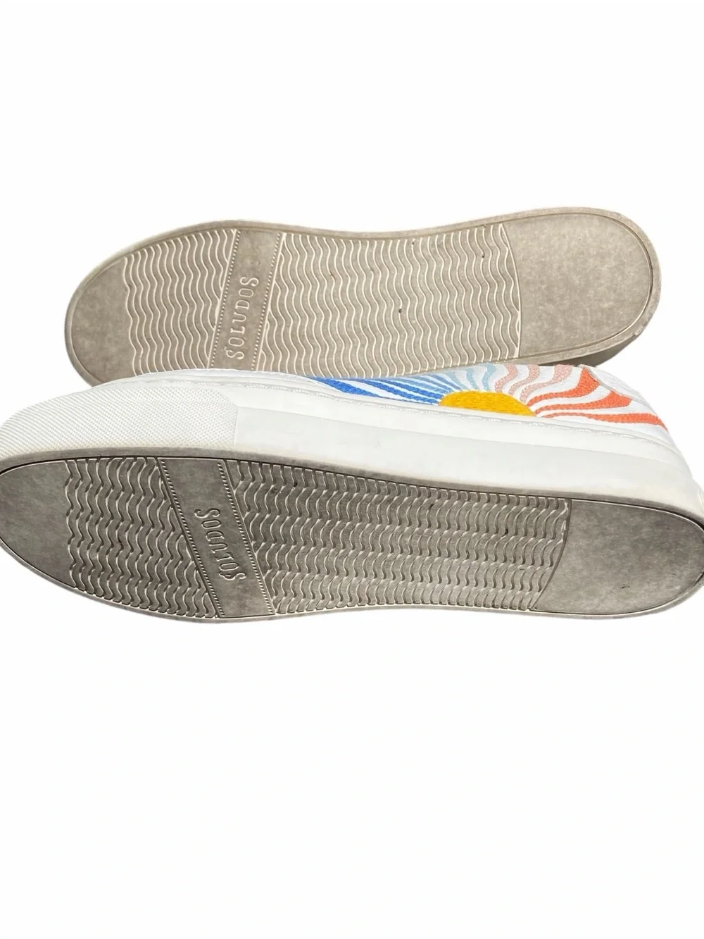 Anthropologie White Leather Sneakers with Blue & Orange Sunburst Embroidery
